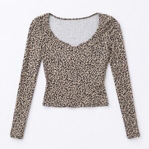 Leopard Print Long Sleeve Fitted Ribbed Animal Print Shirt Size Small